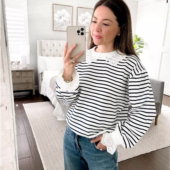 J. Crew Factory Black and White Striped Sweatshirt - Picture 1 of 7